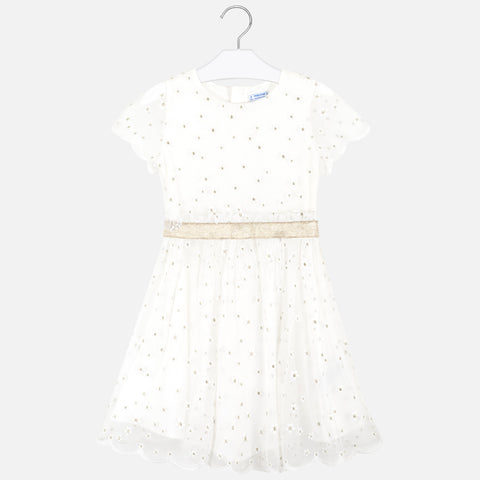 Off White and Gold Florettes Short Sleeve Dress