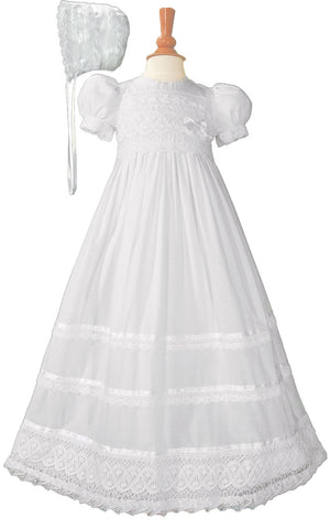 Girls Cotton Short Sleeve Dress Christening Baptism Gown with Lace and Ribbon