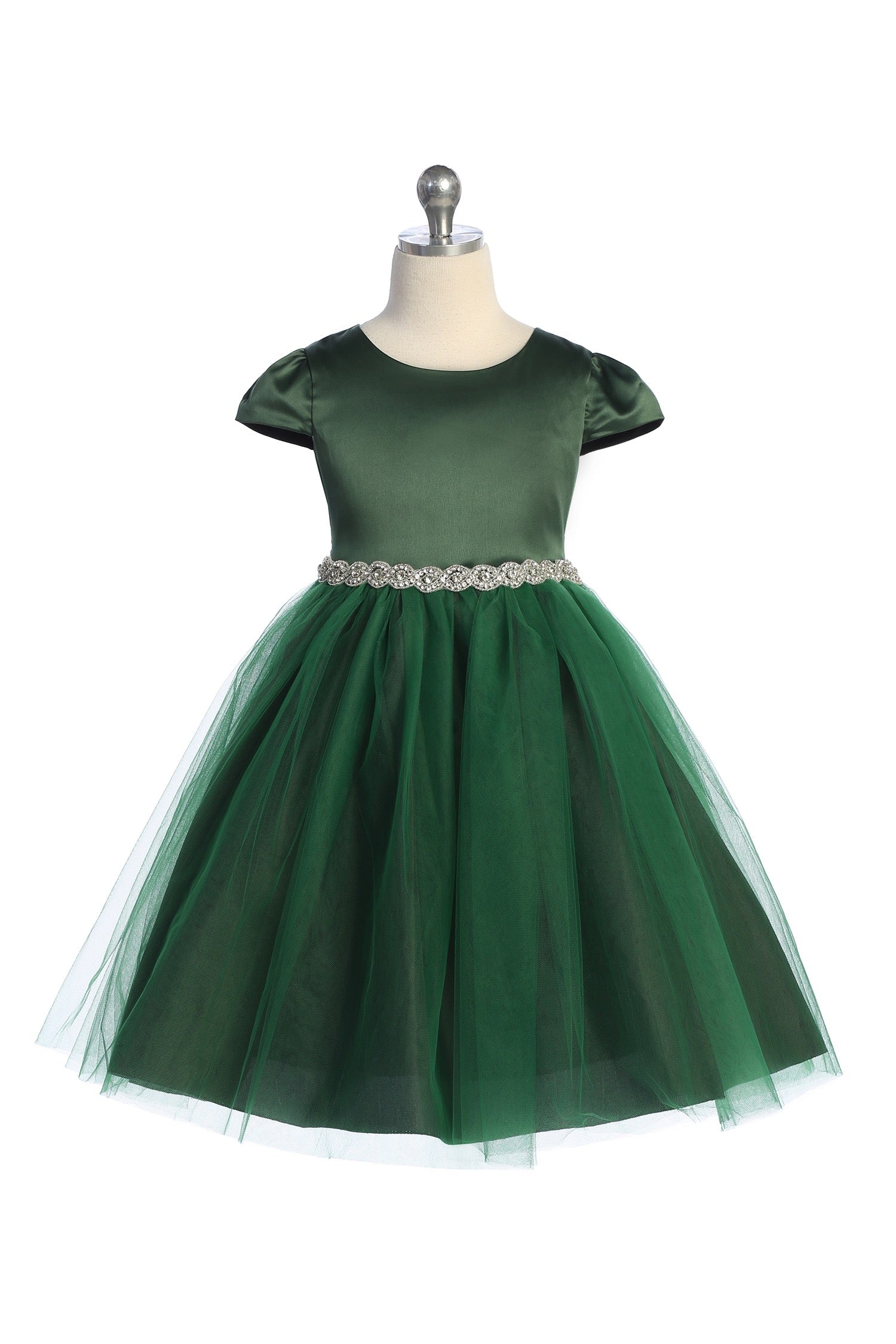 Green KD452- Sleeve Satin Dress w/ Tulle