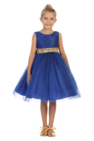 Royal Blue with gold Sequin V Back Dress KD498